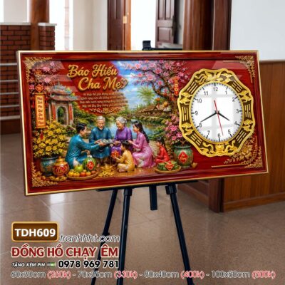 Tranh đồng hồ tráng gương tri ân cha mẹ thầy cô gia đình thư pháp TDH609