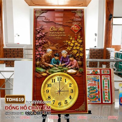 Tranh đồng hồ tráng gương tri ân cha mẹ thầy cô gia đình thư pháp TDH619