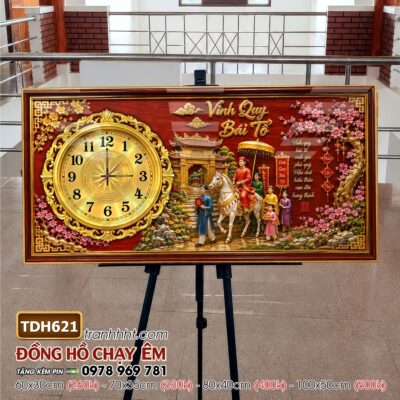 Tranh đồng hồ tráng gương tri ân cha mẹ thầy cô gia đình thư pháp TDH621
