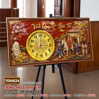 Tranh đồng hồ tráng gương tri ân cha mẹ thầy cô gia đình thư pháp TDH624