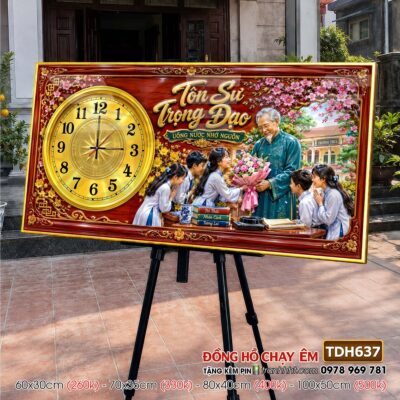 Tranh đồng hồ tráng gương tri ân cha mẹ thầy cô gia đình thư pháp TDH637