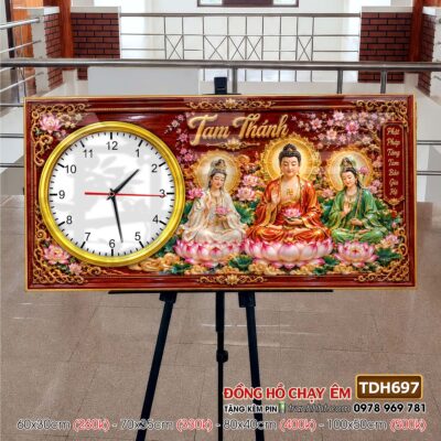 Tranh đồng hồ phật giáo quan âm bồ tát tây phương tam thánh treo tường TDH697