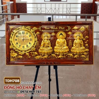 Tranh đồng hồ phật giáo quan âm bồ tát tây phương tam thánh treo tường TDH708