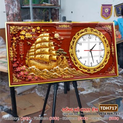 Tranh thuận buồm xuôi gió phong thuỷ đồng hồ tráng gương treo tường TDH717