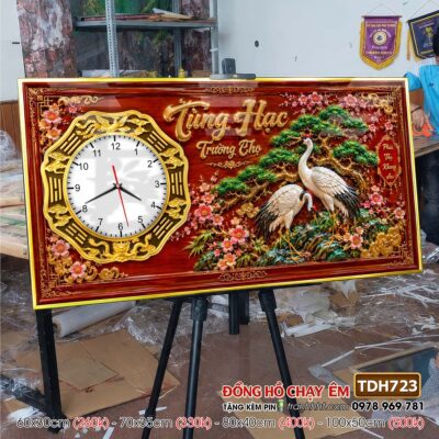 Tranh đồng hồ treo tường tứ quý tùng hạc chim công rồng phượng TDH723