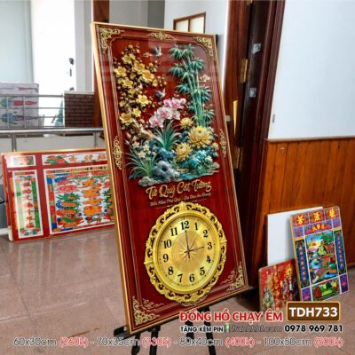 Tranh đồng hồ treo tường tứ quý tùng hạc chim công rồng phượng TDH733