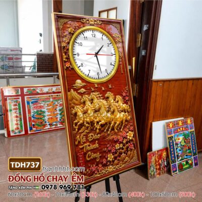 Tranh đồng hồ mã đáo thành công tranh ngựa bát mã treo tường TDH737