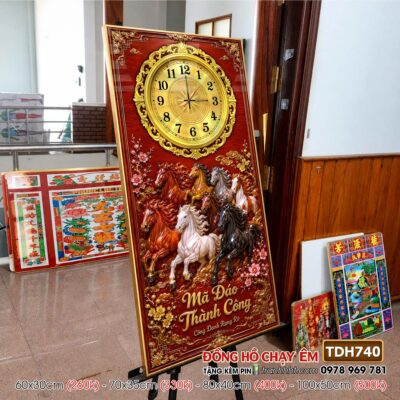 Tranh đồng hồ mã đáo thành công tranh ngựa bát mã treo tường TDH740