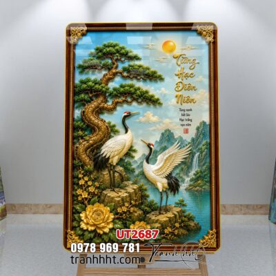 Tranh tùng hạc tứ quý rồng phượng phong thuỷ UT2687